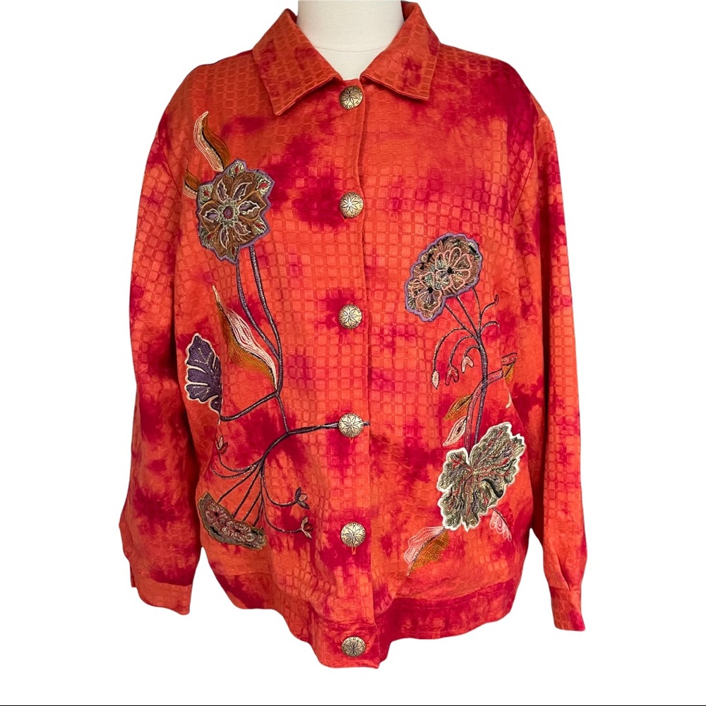 Indigo Moon Orange/Embroired floral jacket with gold button forclure front